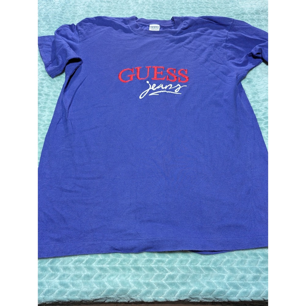 Vintage Guess Jeans Georges Marciano Embroidered Logo T-Shirt Blue XL USA Made‎
